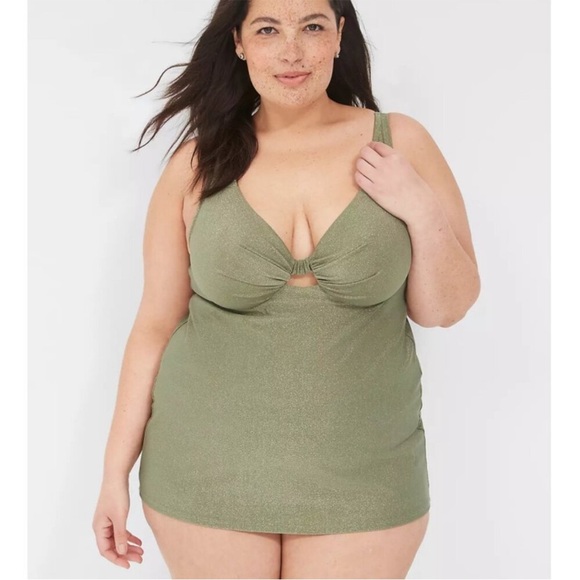 Lane Bryant Swim Top Women's 40DDD Plunge Front Knot Tankini Green Shimmer - Picture 8 of 9